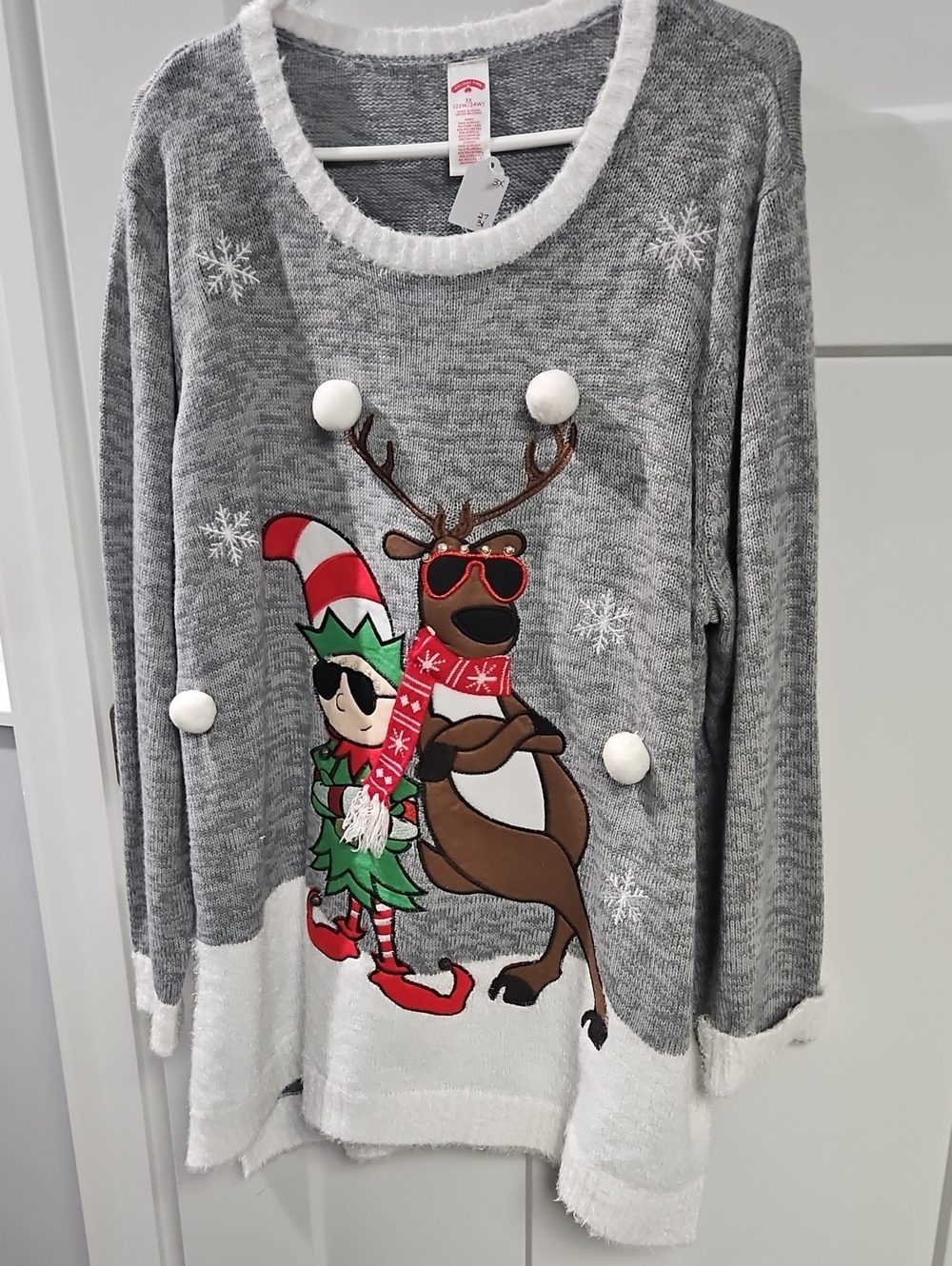 Holiday Time Grey Sweater with Reindeer & Elf Graphic (Light Up)